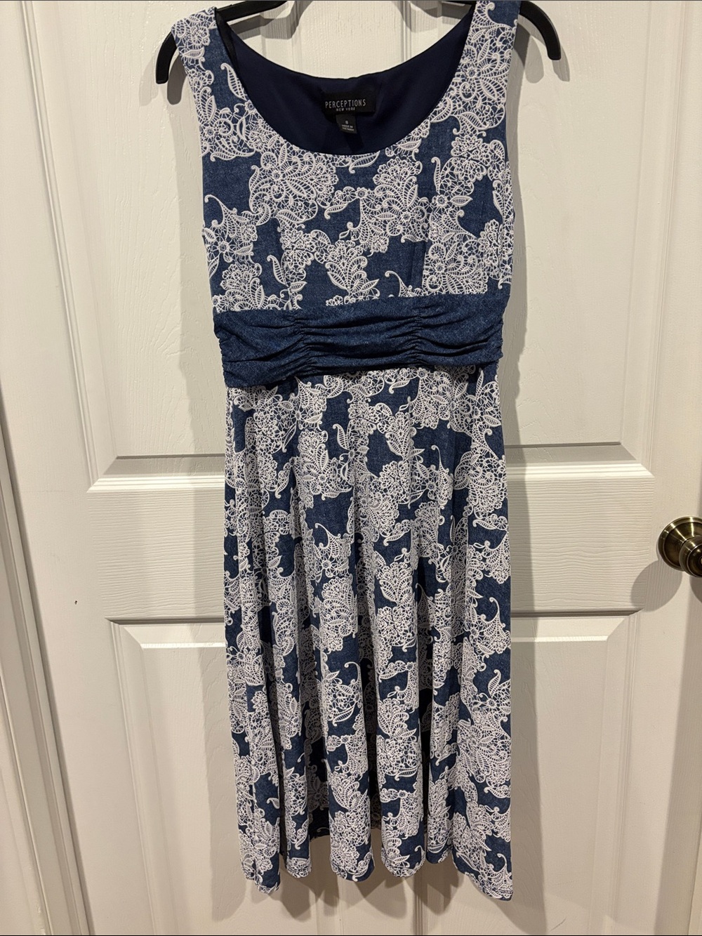 Perceptions Navy and White Floral Lace-Print Dress with Denim Look Bolero - Picture 3 of 5